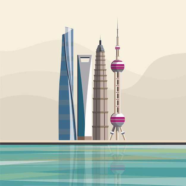 Free Vector illustration of shanghainese landmark skyscrapers