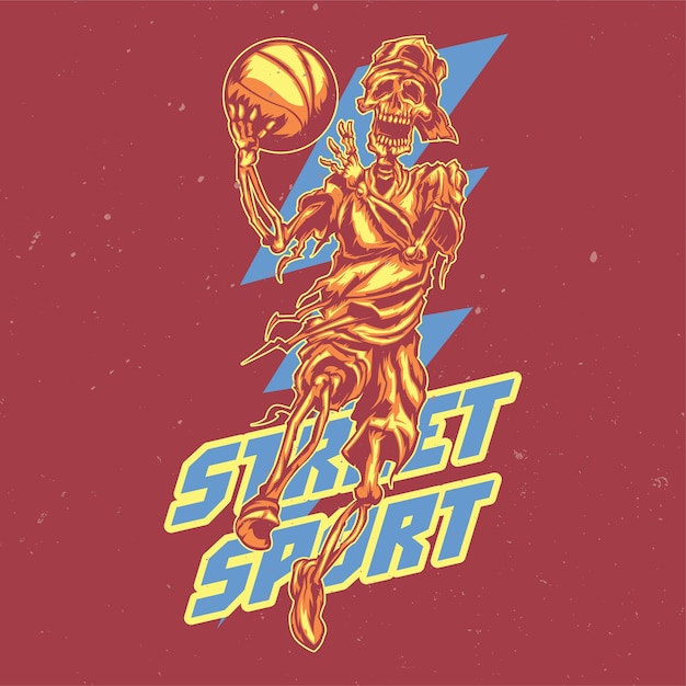 Vettore gratuito illustrazione del giocatore di streetball scheletro