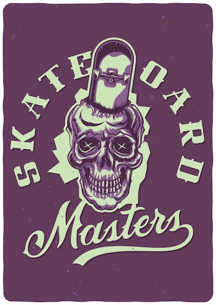 Illustration of skull with skateboard