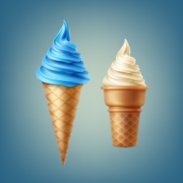 Free vector illustration of soft ice cream various flavors in different cones isolated