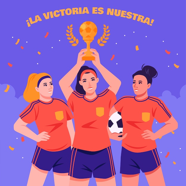 스페인 축구 선수 들 이 월드컵 에서 승리 한 것 을 축하 하는 일러스트레이션