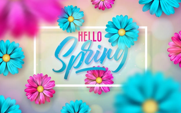 Free vector illustration on a spring nature theme with beautiful colorful flower on shiny light background.