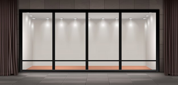 illustration of storefront, glass illuminated showcase for presentations and museum exhibition