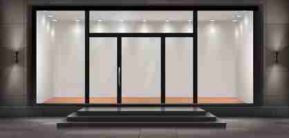 Free vector illustration of storefront with steps and entrance door, glass illuminated showcase