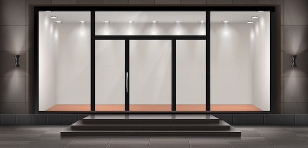 illustration of storefront with steps and entrance door, glass illuminated showcase