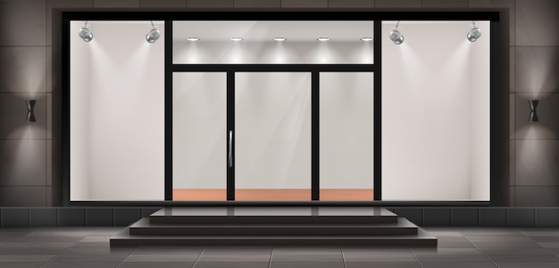 illustration of storefront with steps and entrance door, glass illuminated showcase 