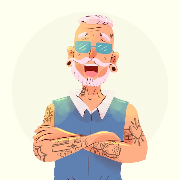 Illustration of tattooed old person