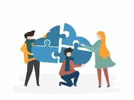 Free vector illustration of teamwork with people connecting pieces of a cloud