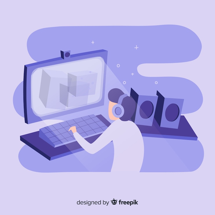 Free Vector illustration of teenage gamer playing video games on desktop computer