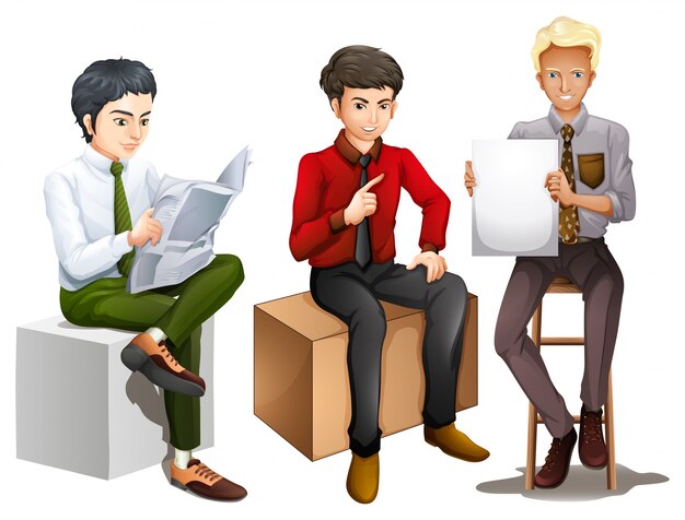 Illustration of the three men sitting down while reading, talking and holding an empty board on a white background