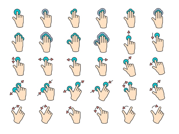Vettore gratuito l'illustrazione delle mani dello schermo di tocco gesture nella linea sottile
