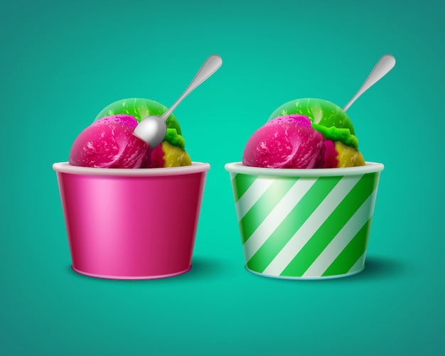 illustration of triple ice cream scoops in striped and pink paper cups