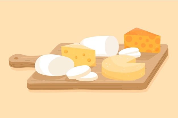 Illustration of types of cheese on wooden board