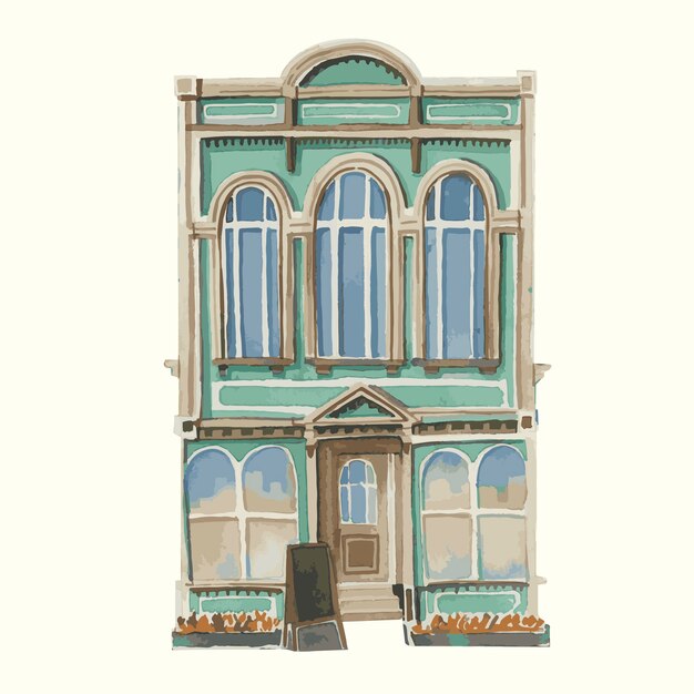 Иллюстрация винтажного европейского внешнего вида здания в акварелью
