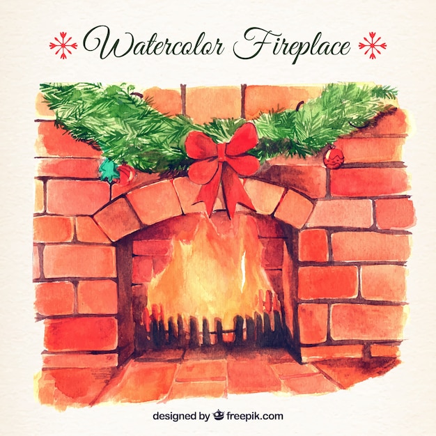 Illustration of watercolor fireplace with christmas ornament