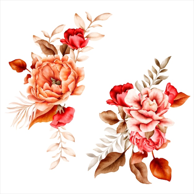 Free vector illustration of a watercolor flower bouquet set branches brown leaves red flowers