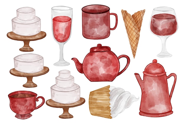 Free vector illustration watercolor of teapot, glass, cake,tea, kettle and others