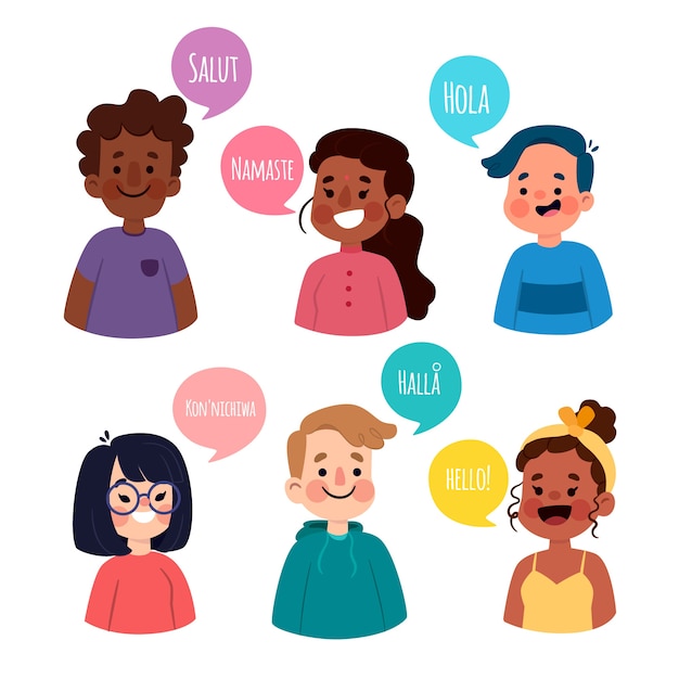 Иллюстрация с персонажами, говорящими на разных языках Бесплатные векторы