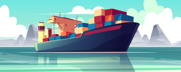 иллюстрация с сухогрузным судном в море, океане. Коммерческая доставка, доставка товаров.