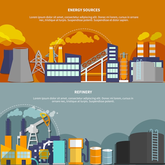 Illustrazione con fonti di energia e raffineria