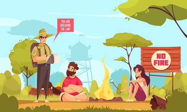 Illustration with forest ranger and two people breaking law making fire in forest