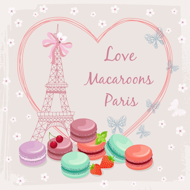 Free vector illustration with french macaroon cakes and the eiffel tower.