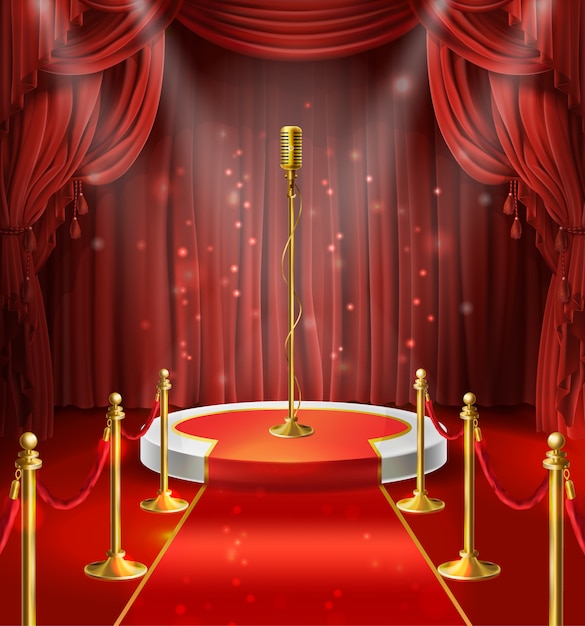 Illustration with golden microphone on podium, red curtains. Stage for stand up, performance 