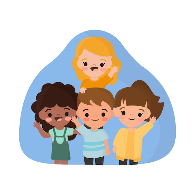 Free vector illustration with group of childrens waving hand