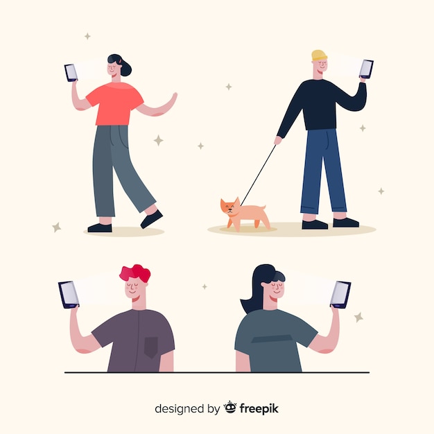 Illustration with grup of characters using phones