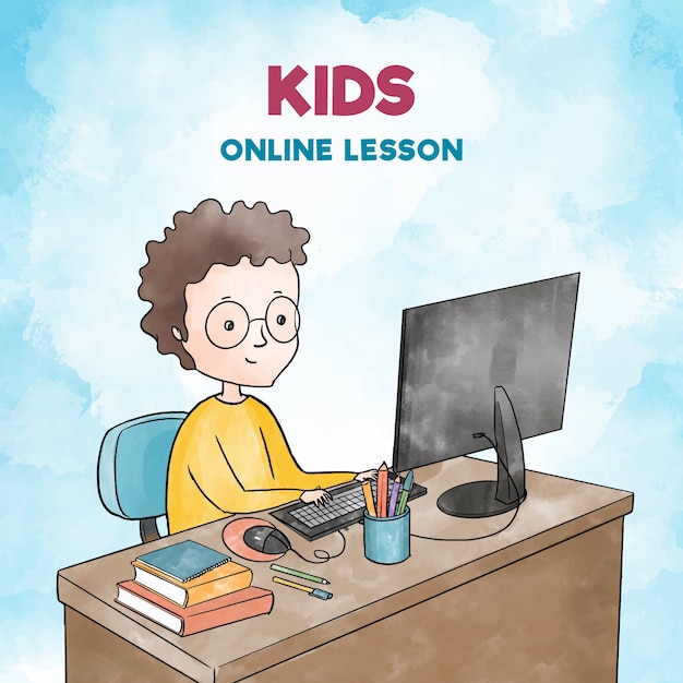 Free vector illustration with kids taking lessons online