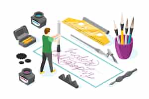 Free vector illustration with male character holding ink pen surrounded by images of writing tools illustration