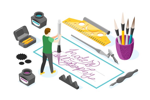 illustration with male character holding ink pen surrounded by images of writing tools illustration