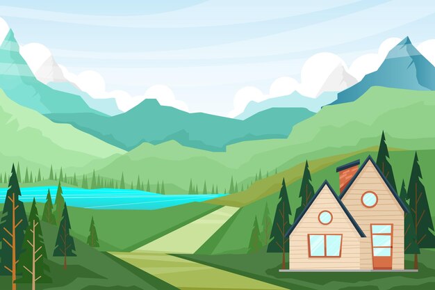 illustration with nature landscape scenery of house and pine tree of summer countryside nature scene, mountains and lake