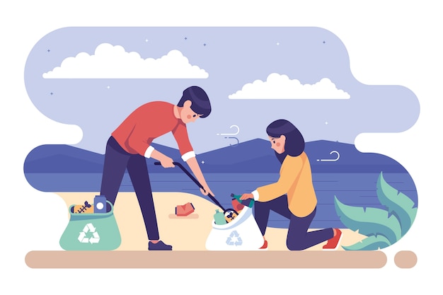 Иллюстрация с людьми, уборка пляжа концепции
