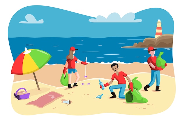 Illustrazione con persone che puliscono il design della spiaggia