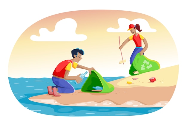 Иллюстрация с людьми, чистящие пляжную тему