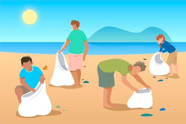 Free vector illustration with people cleaning the beach