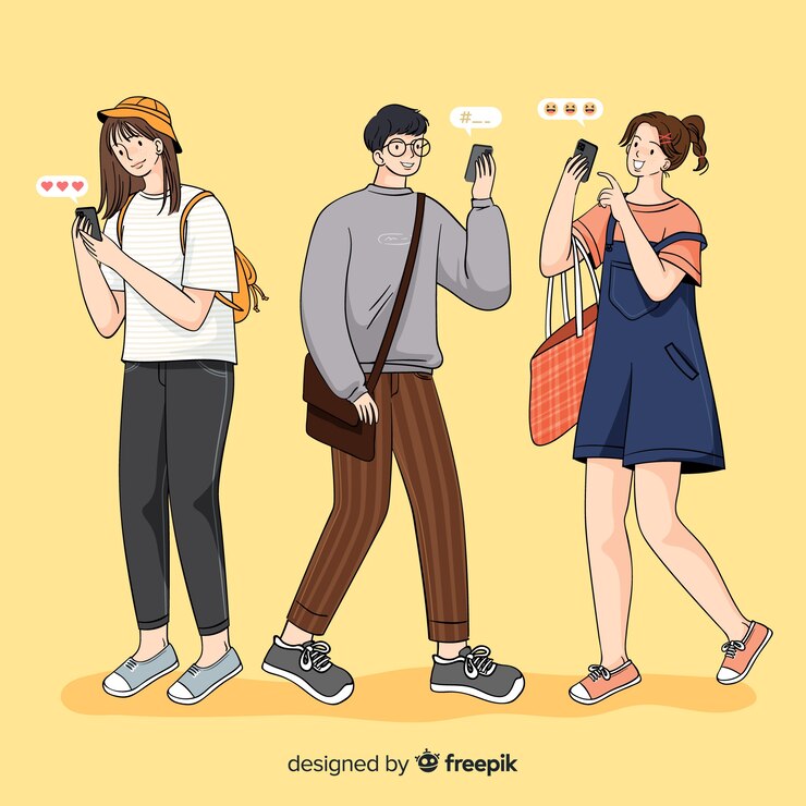 무료 Vector 사람들이 그룹이 스마트 폰을 들고 그림
