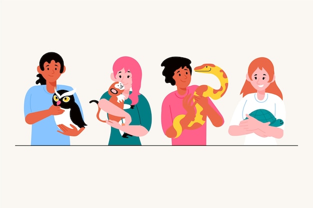 Illustrazione con persone che hanno diversi animali domestici