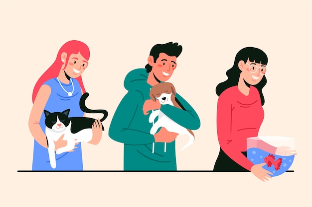 Illustration with people with different pets