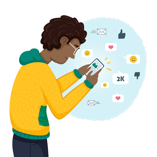 Free vector illustration with person addicted to social media