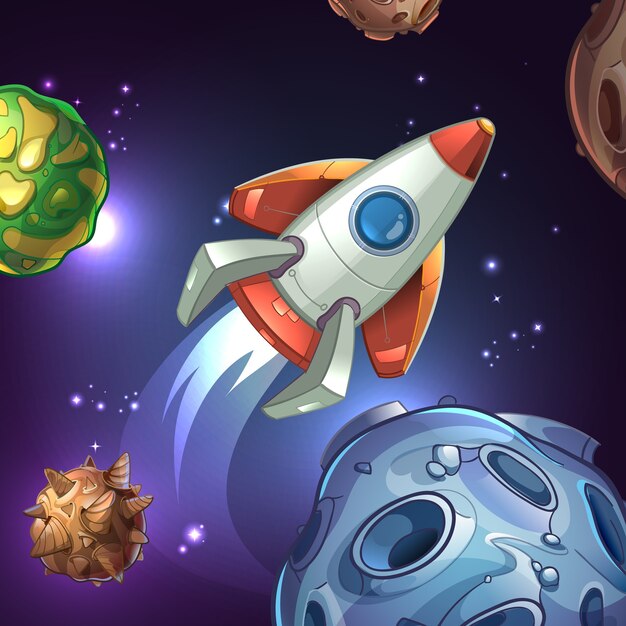 Иллюстрация с планетами, луной, звездами и космической ракетой. Корабль и наука, техническая астрономия, галактика и шаттл, космический корабль и транспортное средство.
