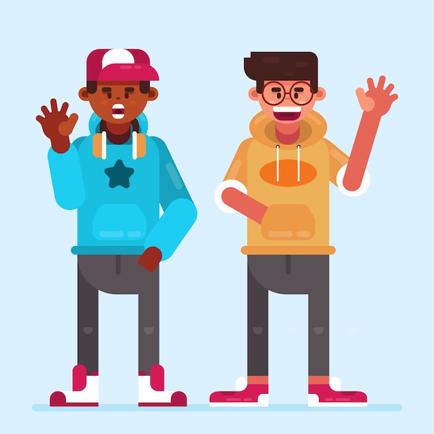 Illustration with teenagers waving hand