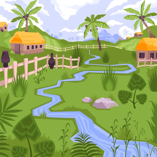 집, 개울, 열대 식물이 있는 이국적인 마을의 전망이 있는 그림