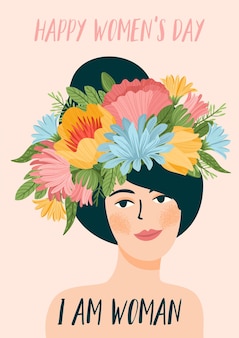 Иллюстрация с женщиной в цветочном венке. открытка к международному женскому дню