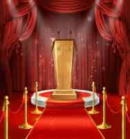 Free vector illustration with wooden tribune with microphones, podium, red curtains and carpet.