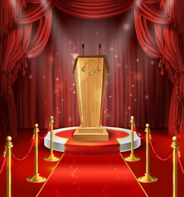 Illustration with wooden tribune with microphones, podium, red curtains and carpet. 