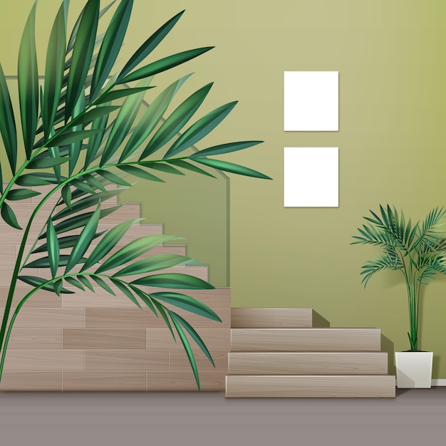 Illustrazione della scala in legno in interni di stile minimalista