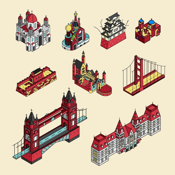 Free Vector illustration of world well known tourist spots collection