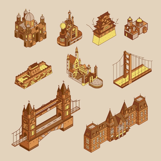 Free vector illustration of world well known tourist spots collection